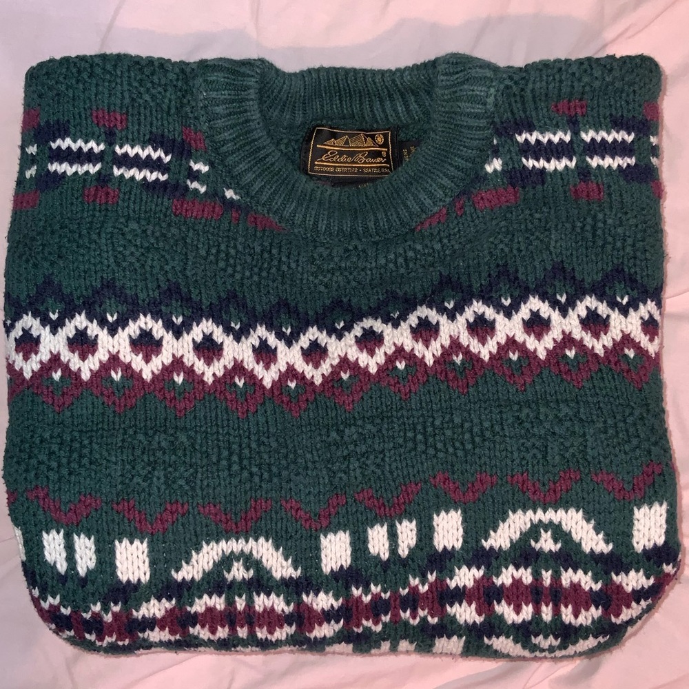 vintage 90s eddie bauer cotton knit pullover sweater fair isle green navy red L‎